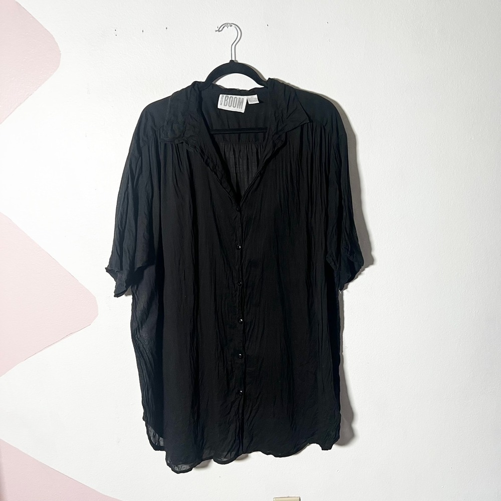100% Cotton Tunic Top Womens 3X Black Button Down Shirt Lagenlook